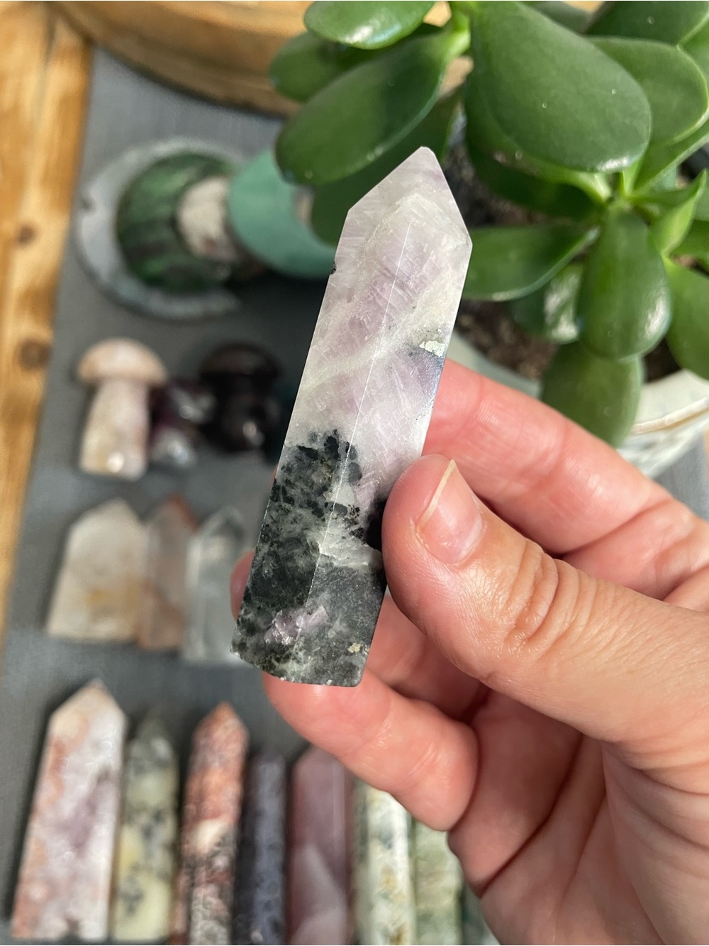 Kunzite with tourmaline and pyrite polished crystal tower uv reactive